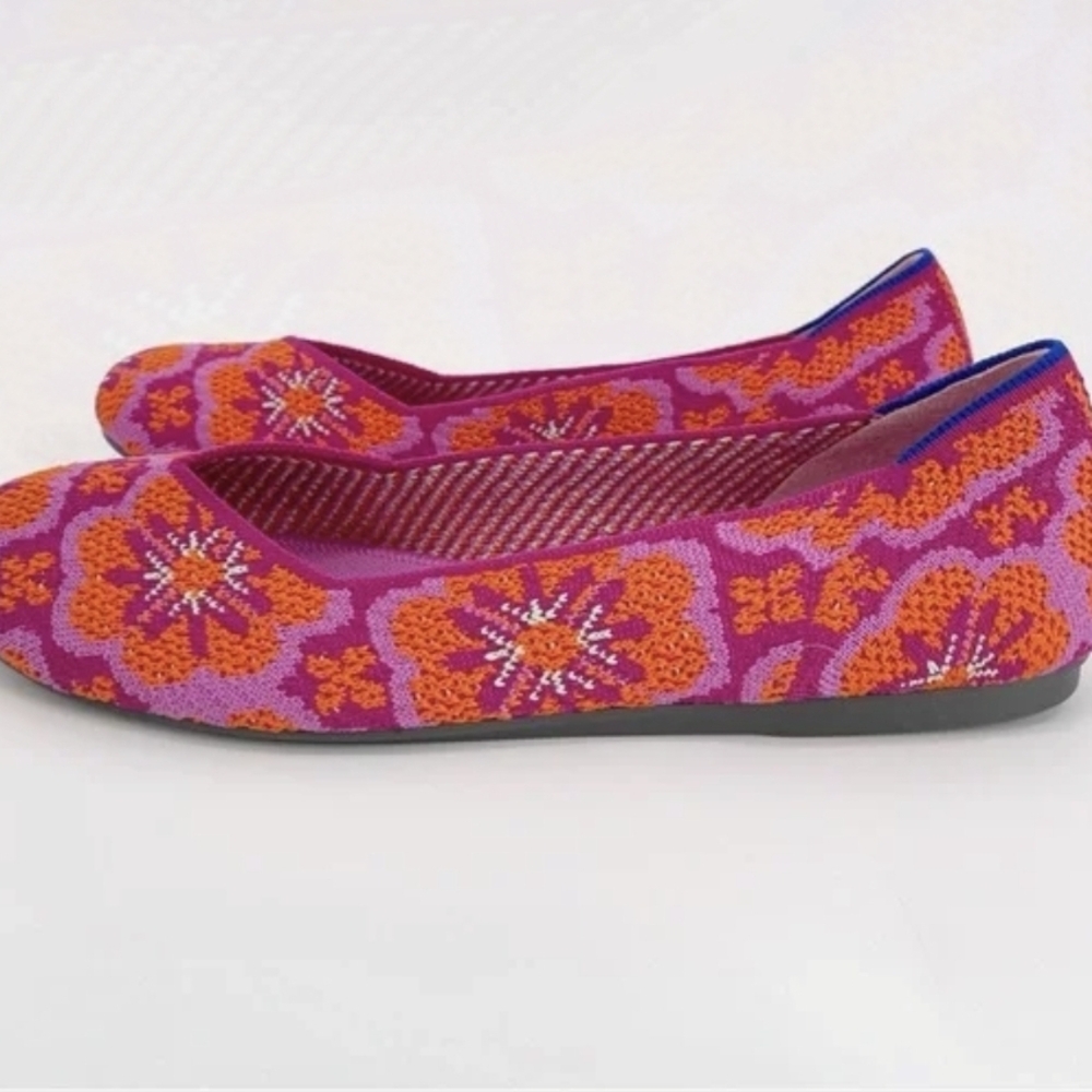 Rothy's Vibrant Pink and Orange Moccasins with Floral Design